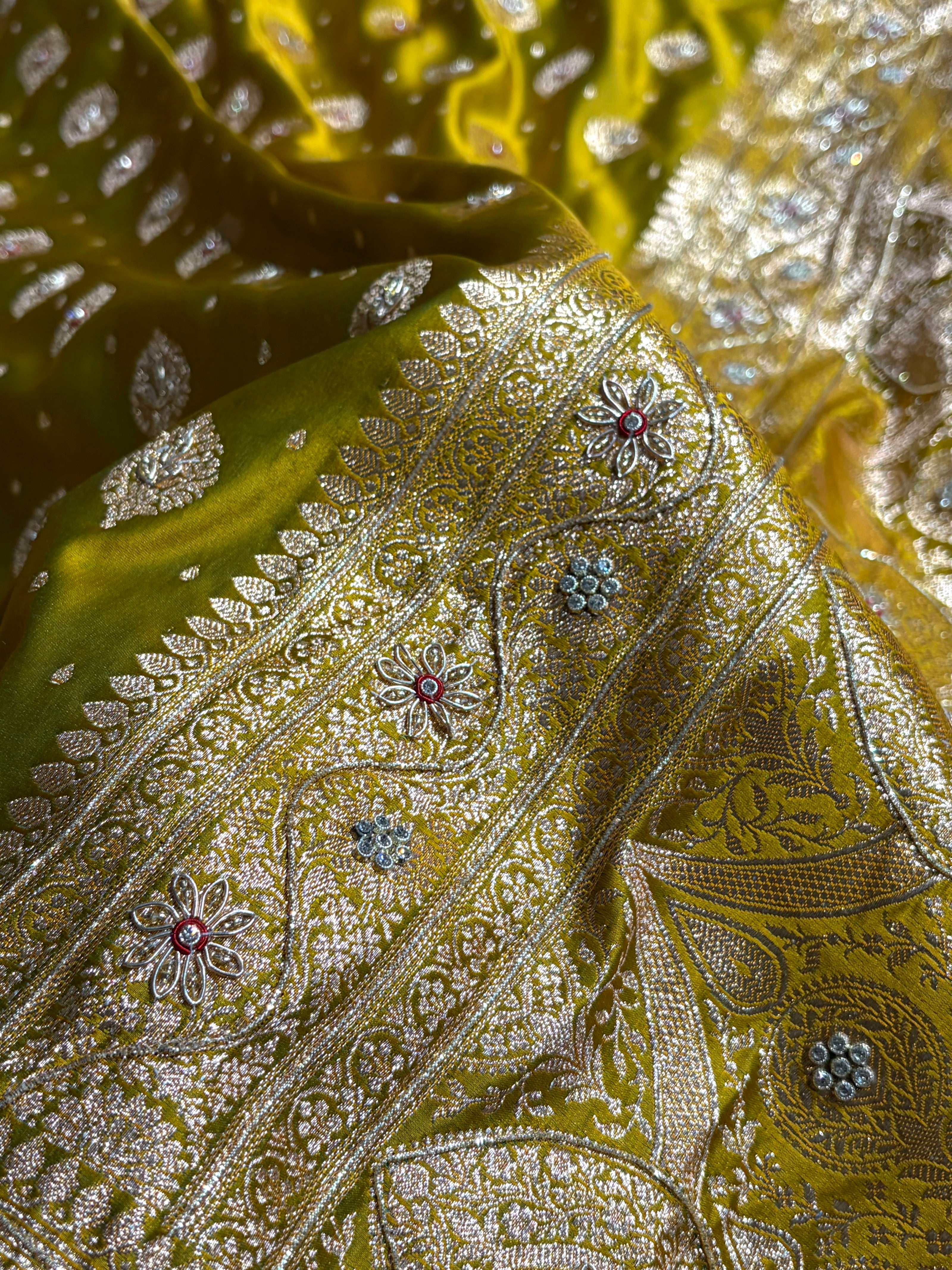 Bridal Mehendi Unique Boota Pattern With Stone & Ari Work Satin Katan Silk Saree BSK69