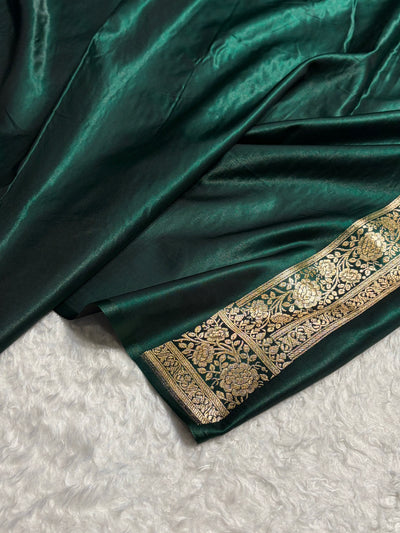 Banarasi Bottle Green Shades Cross Pattern Banarasi Satin Silk Saree SS61
