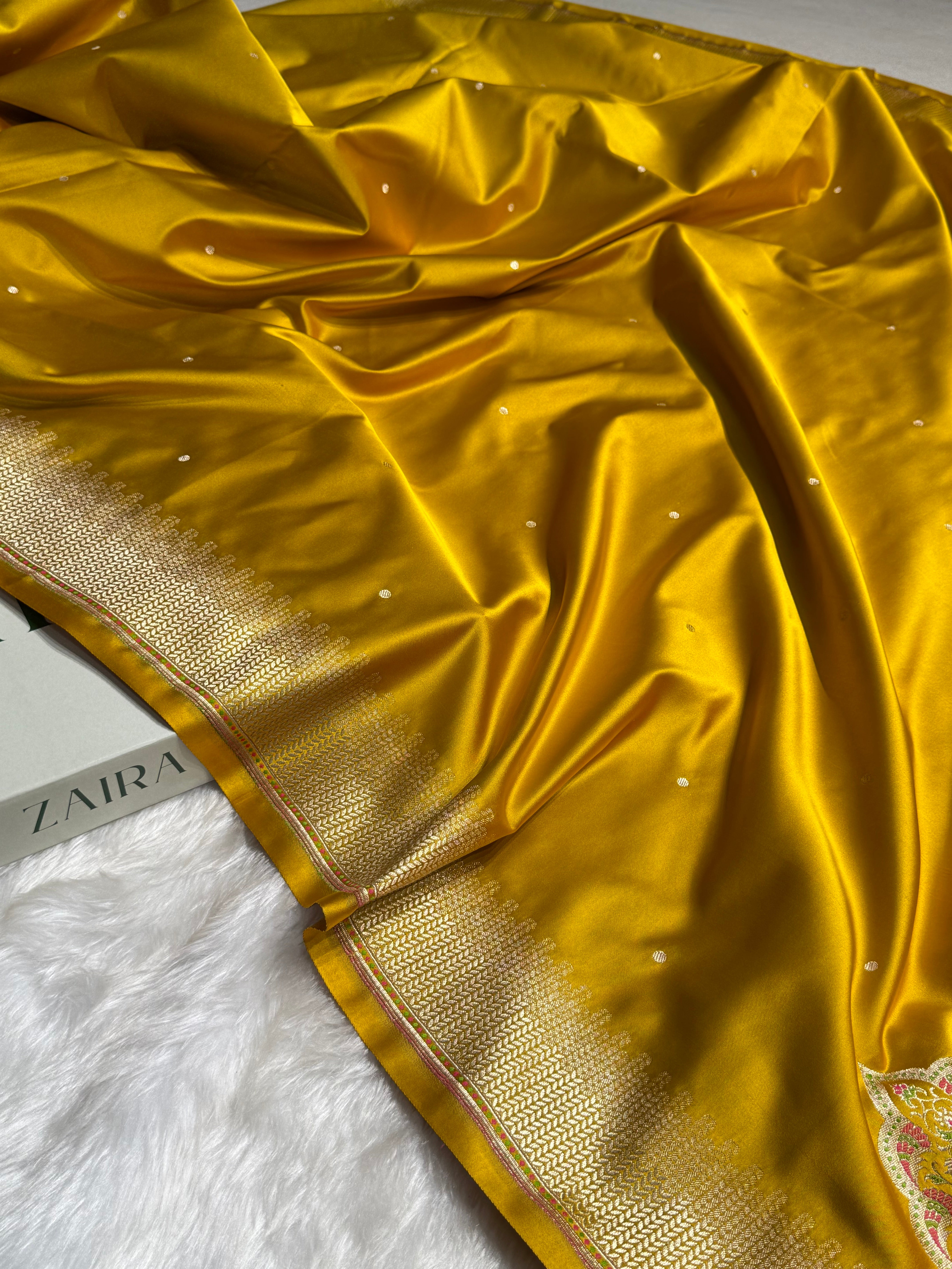 Lemon Mehendi Booti Pattern Satin Katan Silk Saree SK56