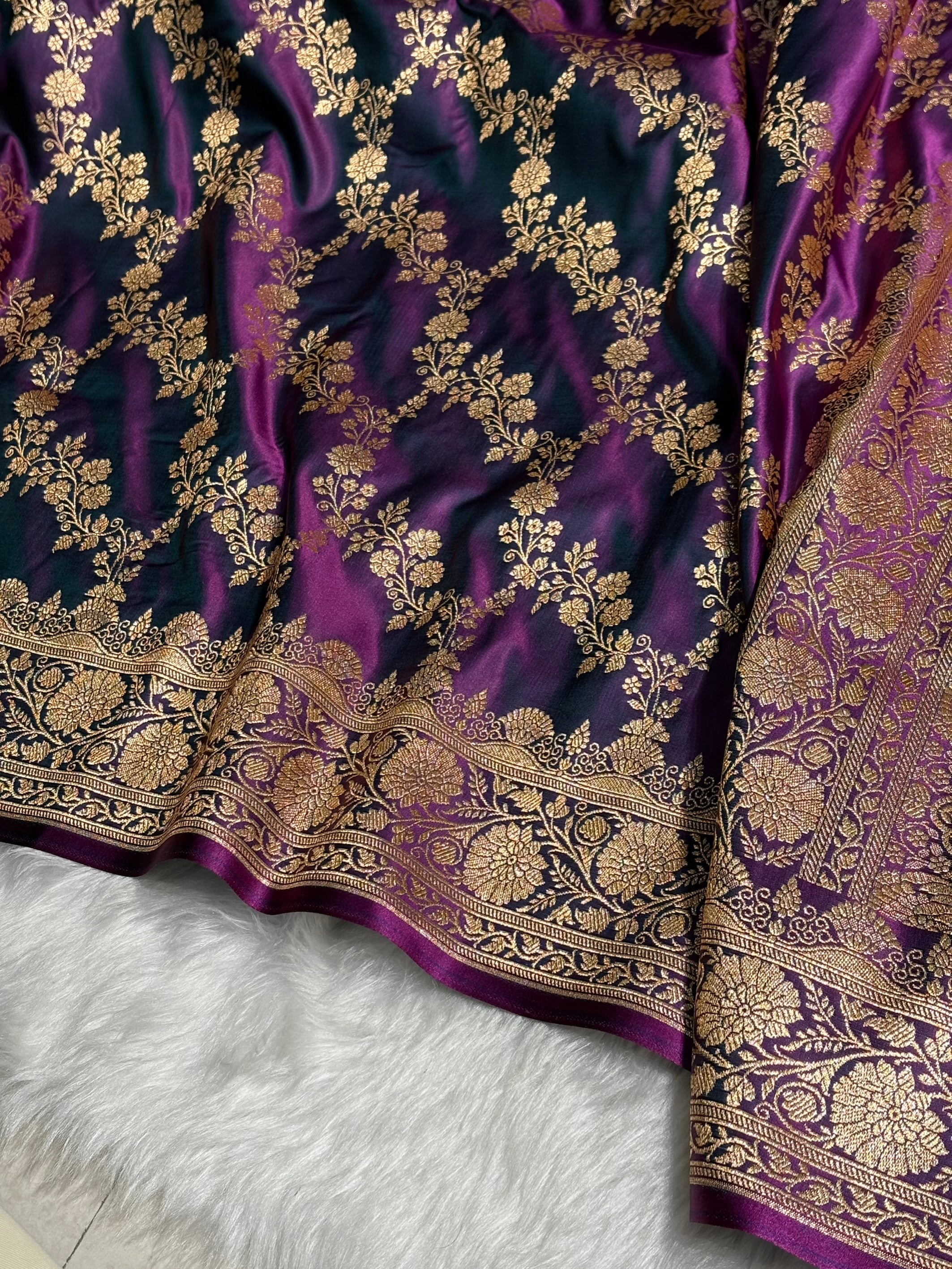 Purple Floral Jaal Pattern Satin Katan Silk Saree SK43