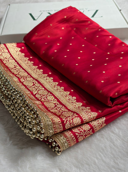 Banarasi Satin Katan Saree With Gotta Patti Work in Cross Red Shades SKGP91