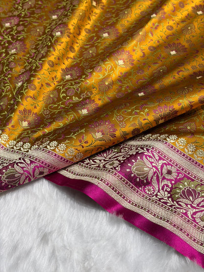 Mustard - Rani Contrast Jamawar Tanchoi Jaal Katan Silk Saree SKTM-18