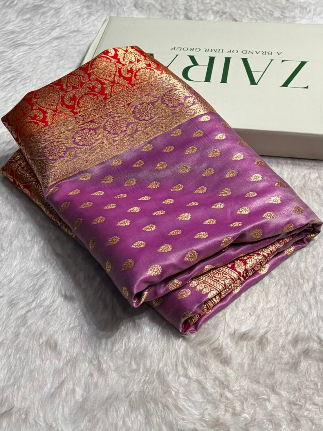 Banarasi Contrast Satin Silk Booti in Lavender With Red Shades SS01