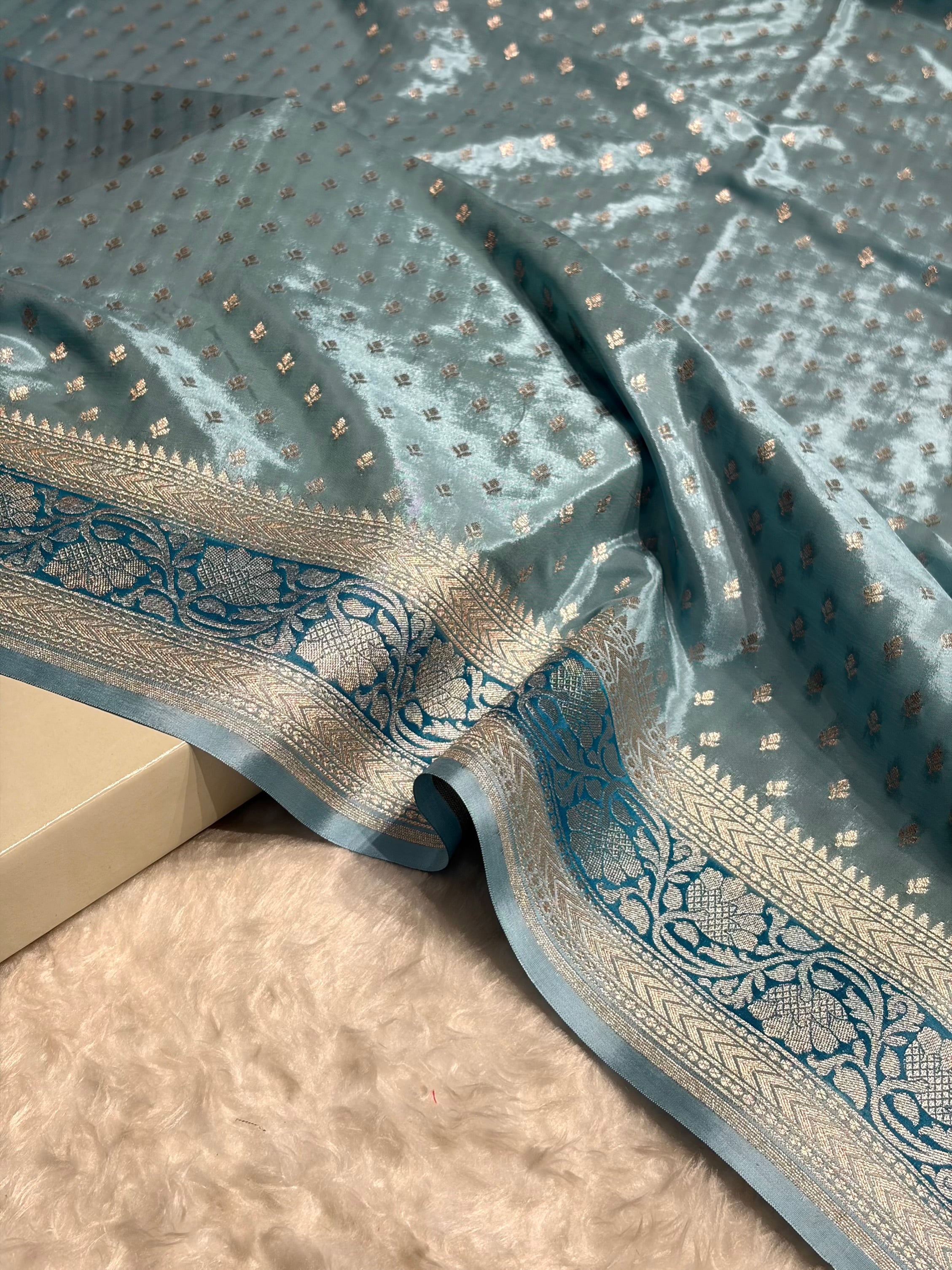 Powder Blue Shades With Contrast Border Crepe Silky Katan Banarasi Saree CSK-04
