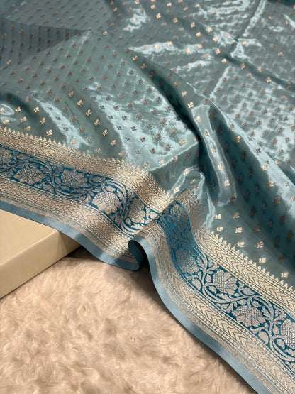 Powder Blue Shades With Contrast Border Crepe Silky Katan Banarasi Saree CSK-04