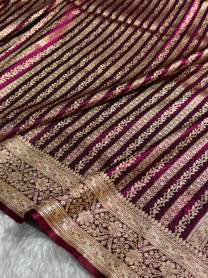 Wine Shades Stripe Pattern Banarasi Satin Silk Saree SS46