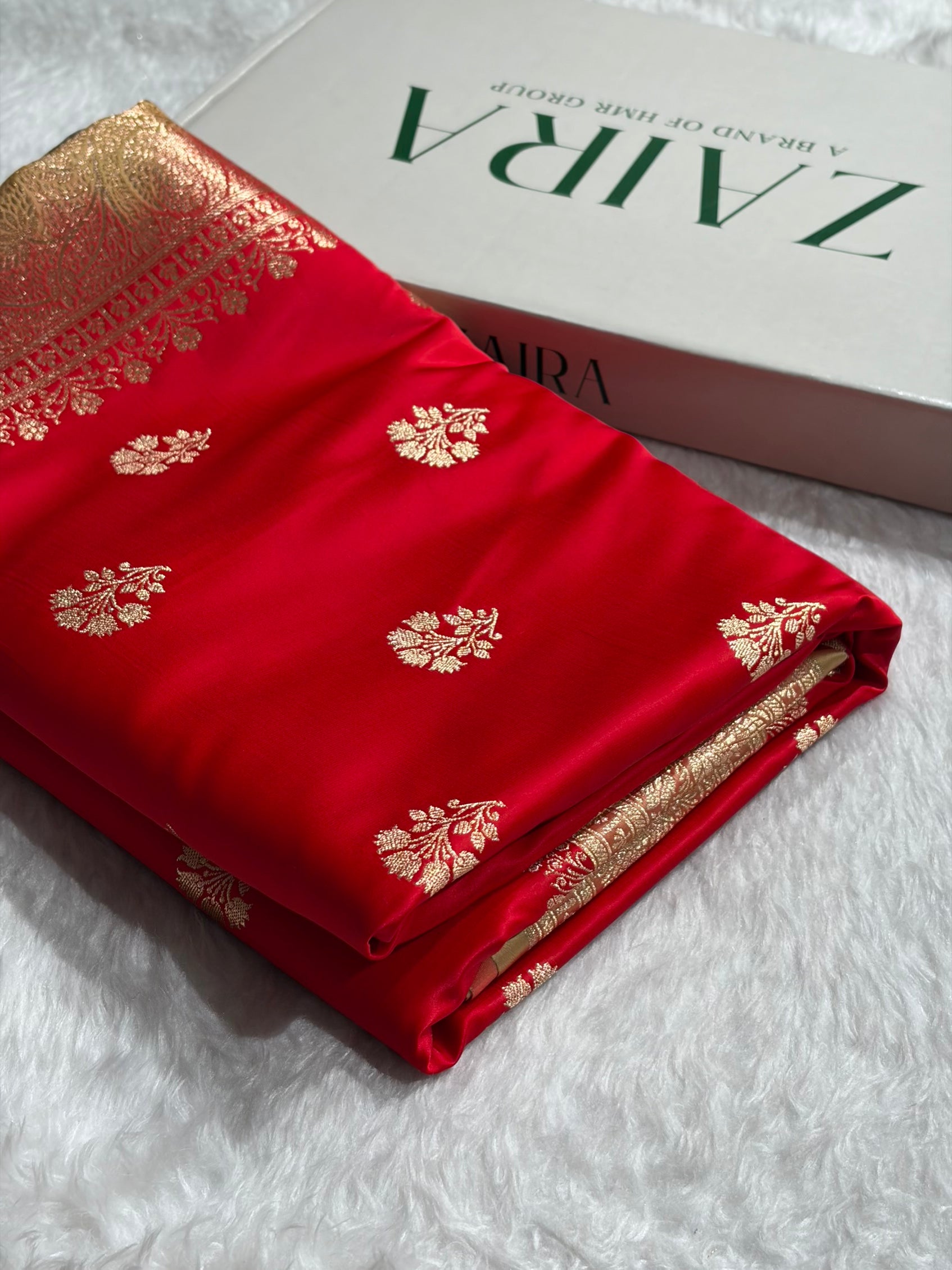 Red  - Cream Banarasi Boota Katan Silk Saree SKM29