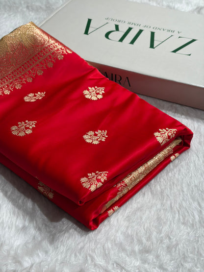 Red  - Cream Banarasi Boota Katan Silk Saree SKM29