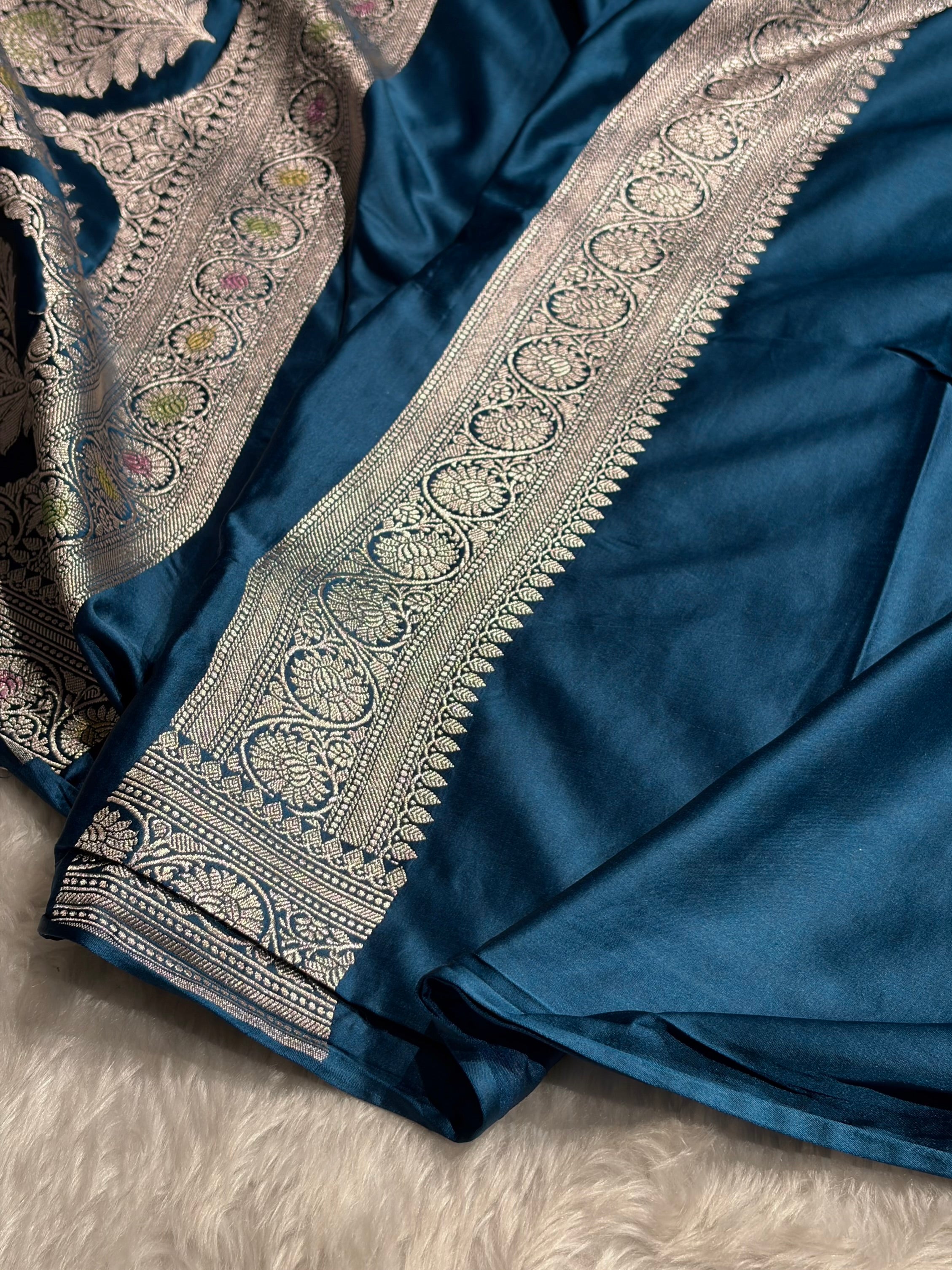 German Blue Minakari Cross Pattern Mashru Silk Saree MCS01