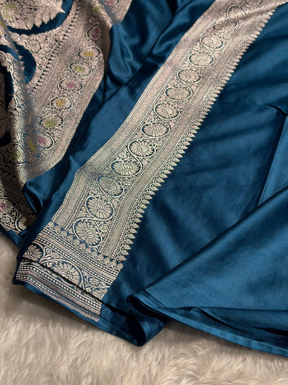 German Blue Minakari Cross Pattern Mashru Silk Saree MCS01