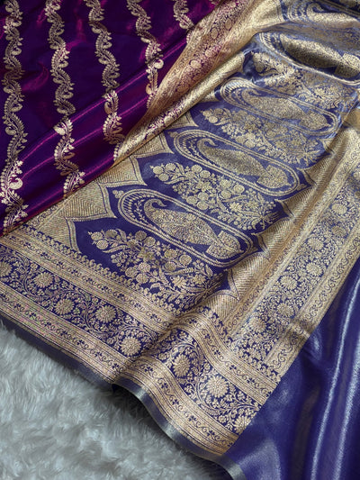 Peacock Contrast Shades Cross Pattern Banarasi Satin Silk Saree SS39