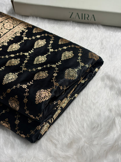 Black Floral Jaal Pattern Satin Katan Silk saree SK42