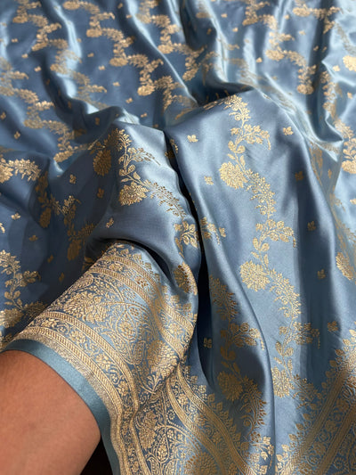 Banarasi Satin Katan Saree With Jaal Pattern in Sky Blue Shades SK121