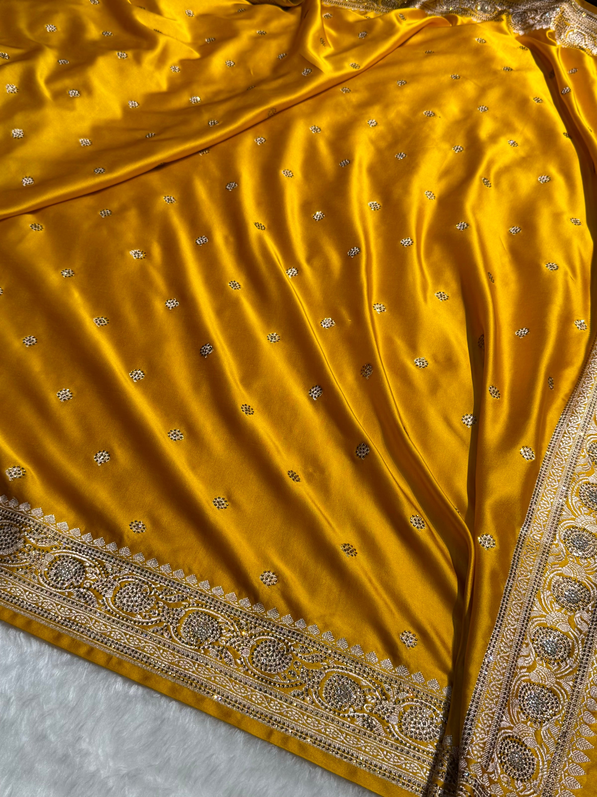 Banarasi Mustard Yellow Shades Booti With Swarovski Stone Work Mashru Silk Saree BMS10