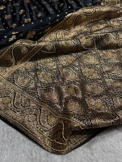 Black Satin Katan Silk Saree with Zardozy work BSK157