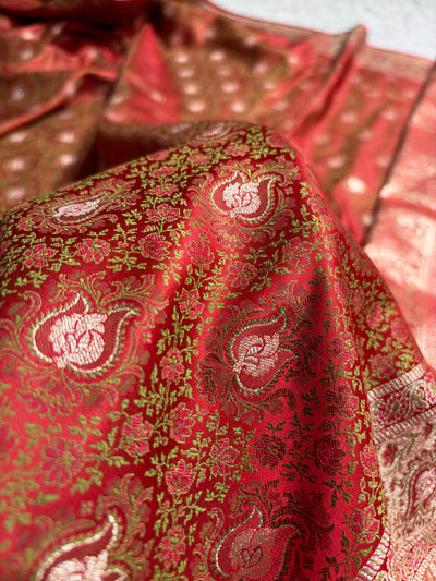 Red Jamawar Tanchoi With Minakari Jaal Katan Silk Saree SKTM-24