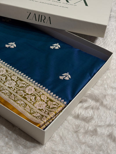 Contrast German Blue / Mustard Shades Banarasi Booti Pattern Mashru Silk Saree MSM-138