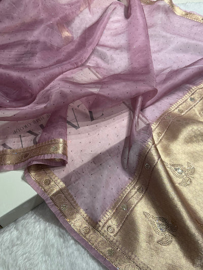 Dusty Lavender Shades Bananasi Birdal Pure Oragnza Saree with Swarovski Work and Brocade Blouse BPO-44