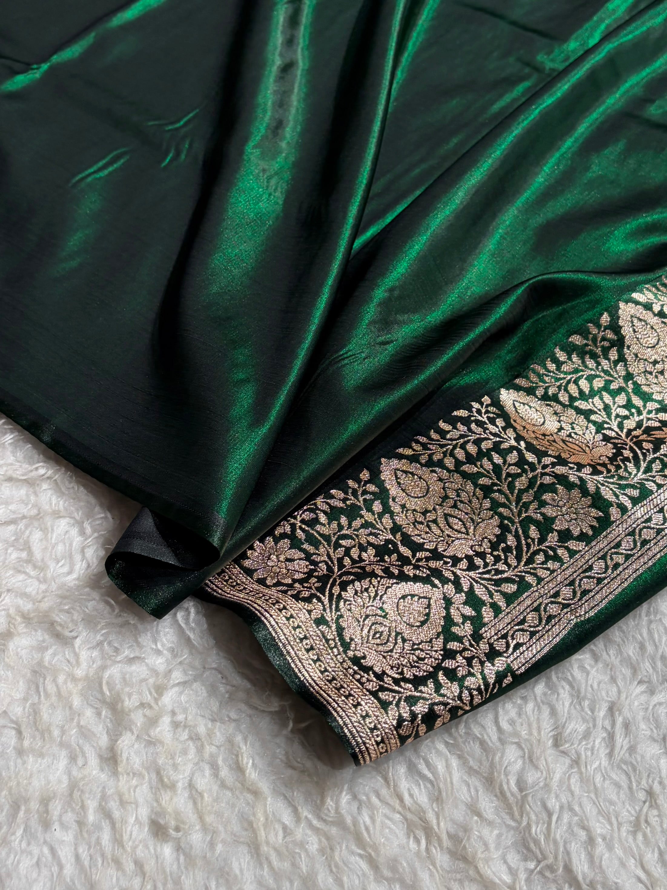 Satin Silk Saree Floral Boota in Bottle Green Shades SS28