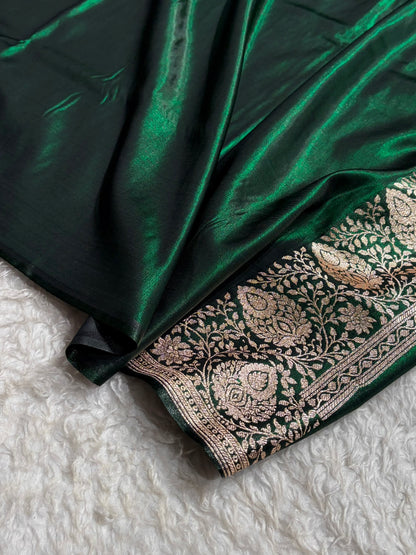 Satin Silk Saree Floral Boota in Bottle Green Shades SS28