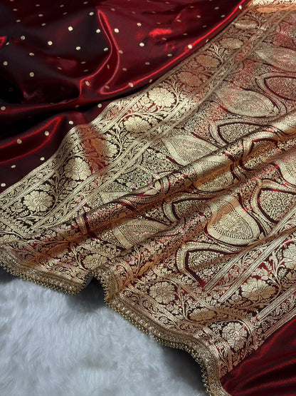 Satin Silk Dot Booti in Maroon Shades With Gotta Patti SSGP08