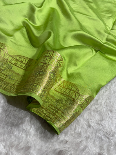 Banarasi Bottle Green With Lemon Contrast Shade Flower Boota Pure Caramel Mango Silk Saree CS-18