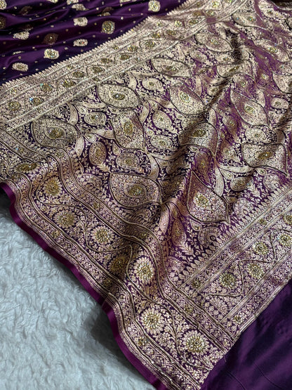 Cross Wine Unique Boota Pattern With Stone & Ari Work Satin Katan Silk Saree BSK69