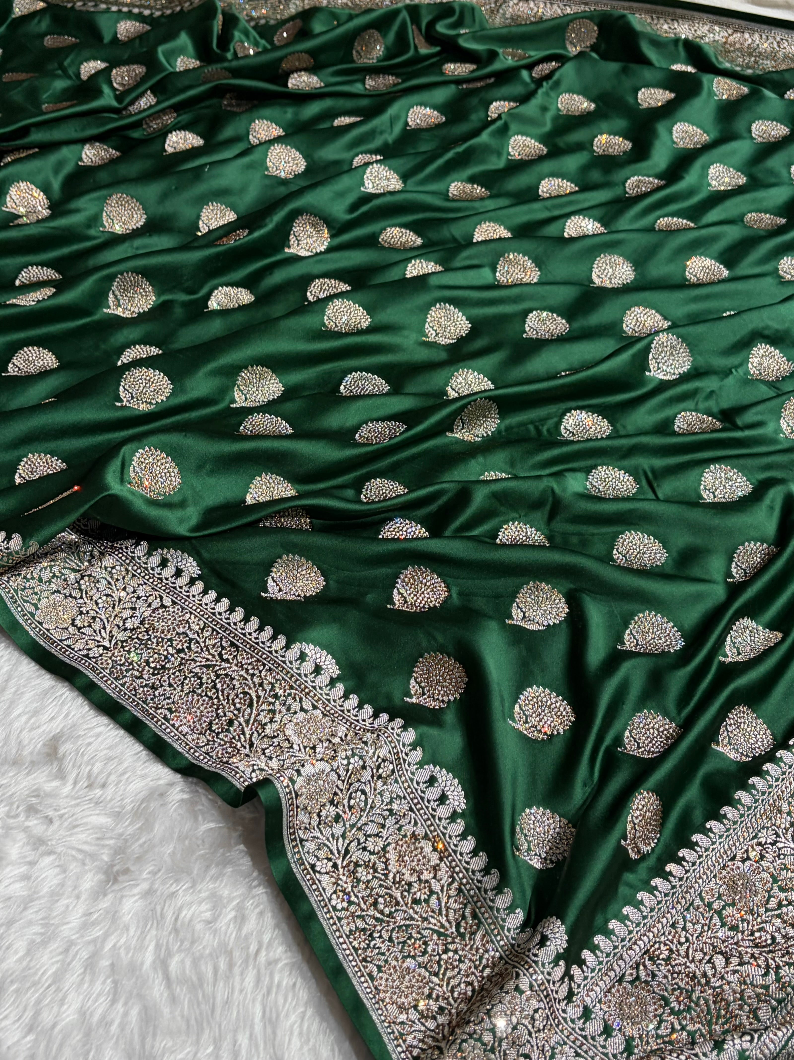 Bottle Green Tree Boota With Swarovski Work Mashru Silk Saree BMS19