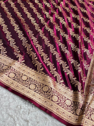 Wine Shades Cross Pattern Banarasi Satin Silk Saree SS39