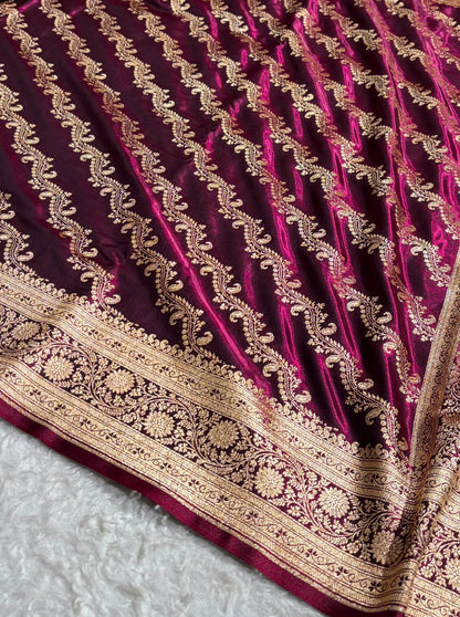 Wine Shades Cross Pattern Banarasi Satin Silk Saree SS39