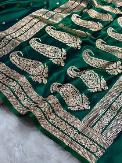 Banarasi Satin Katan Saree With Booti Pattern in Cross Green Shades SK125
