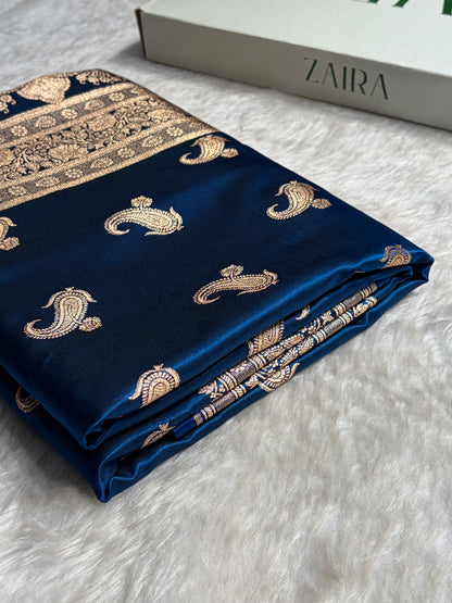 Satin Silk Saree Floral Boota in German Blue Shades SS27