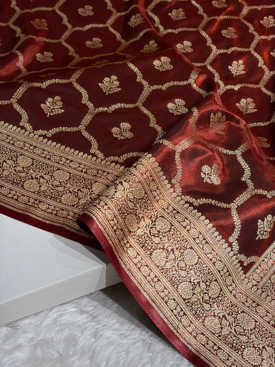 Maroon Shades Jaal Pattern Banarasi Satin Silk Saree SS57