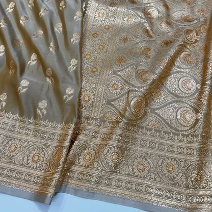 Beige Gold Floral Motif Satin Katan Silk Saree