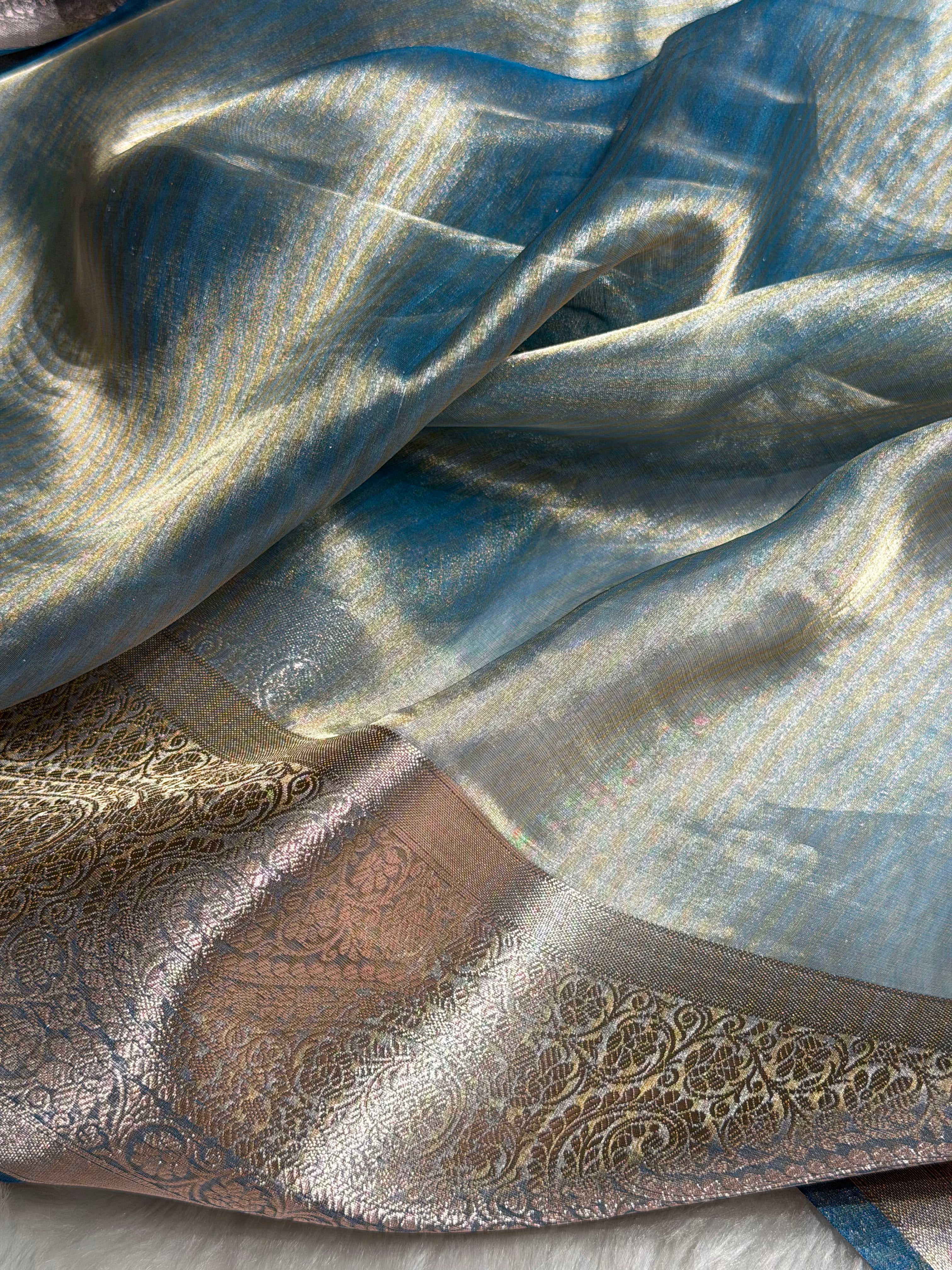 Pastel Blue Tissue Bananasi Floral Pure Tissue Silk Saree PT-57