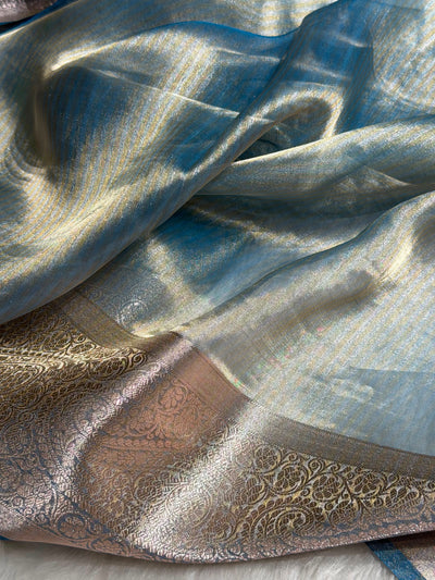 Banarasi Pastel Blue Shades Strip Pure Tissue Silk Saree PT-57
