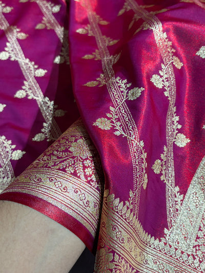 Magnetic Red Shades Cross Pattern Banarasi Satin Silk Saree SS50