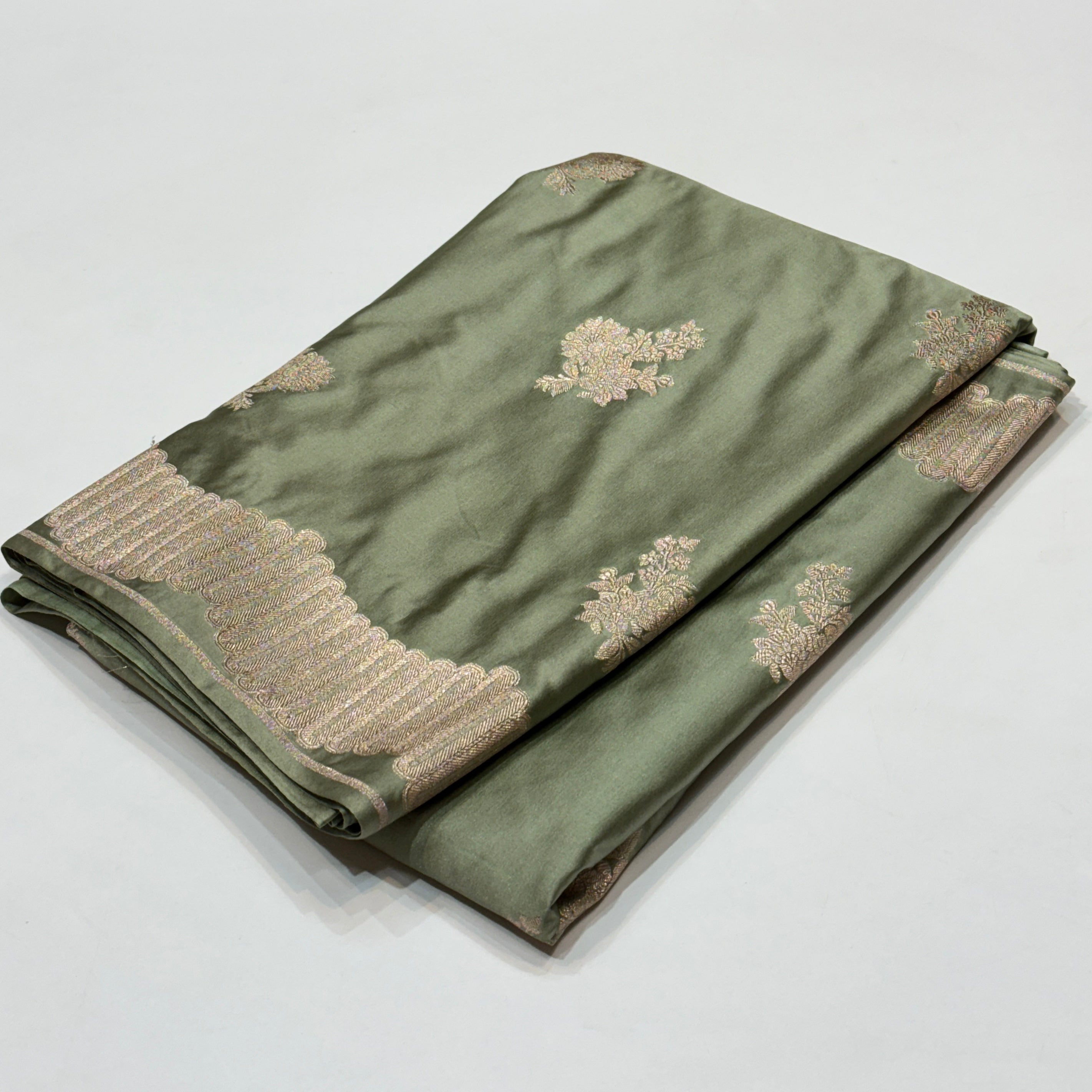 Dusty Mehandi Floral Motif Mashru Silk Saree