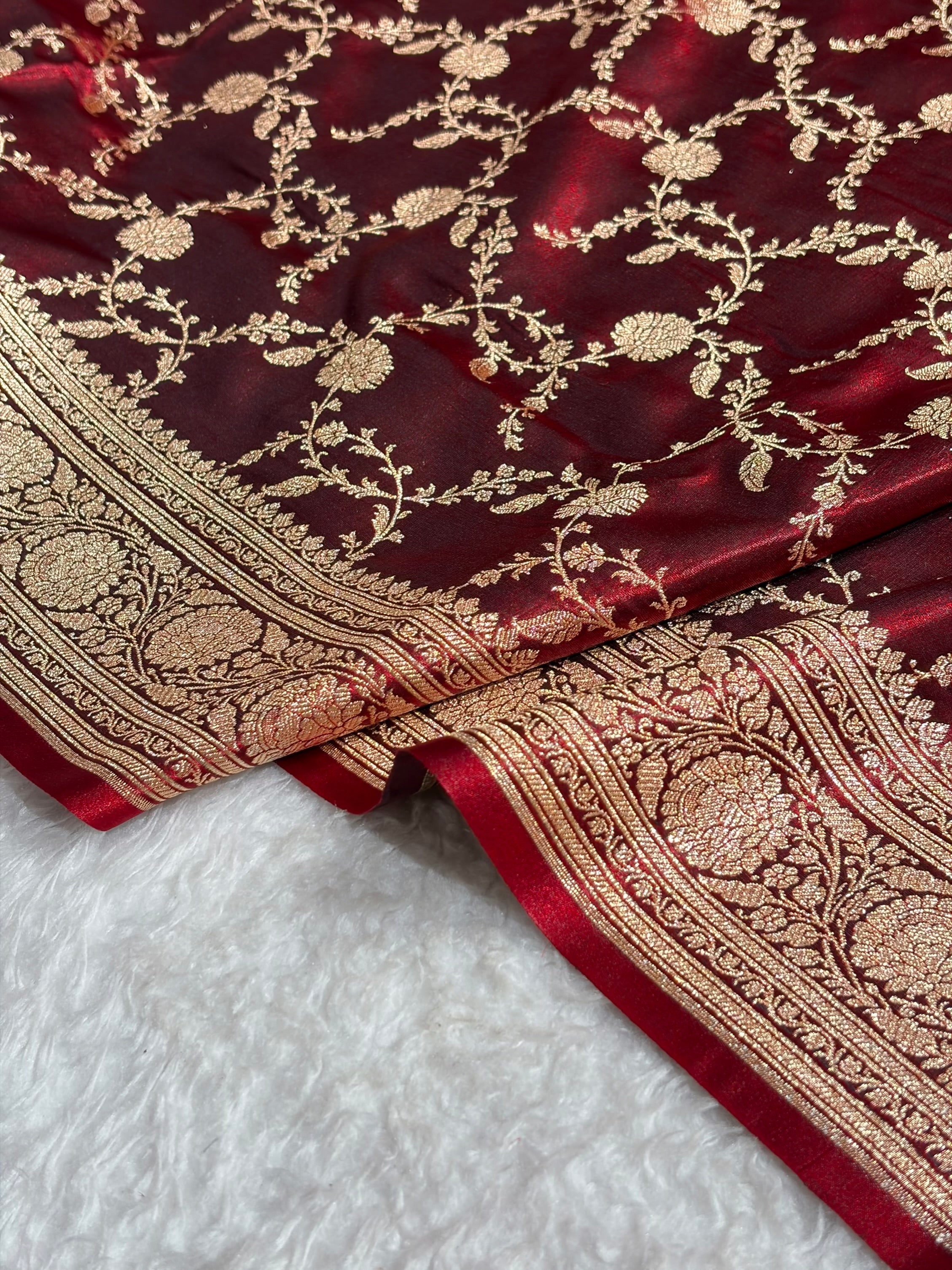 Maroon Shades Cross Pattern Banarasi Satin Silk Saree SS41