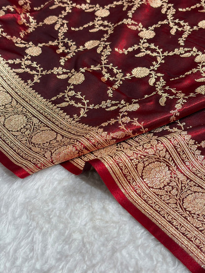 Maroon Shades Cross Pattern Banarasi Satin Silk Saree SS41