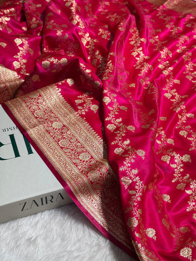Banarasi Ruby Pink Cross Jaal Satin Silk Saree SS11