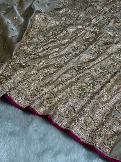 Tusser  Shades Booti Katan Silk Saree with Stone & Zardozi Work BSK12