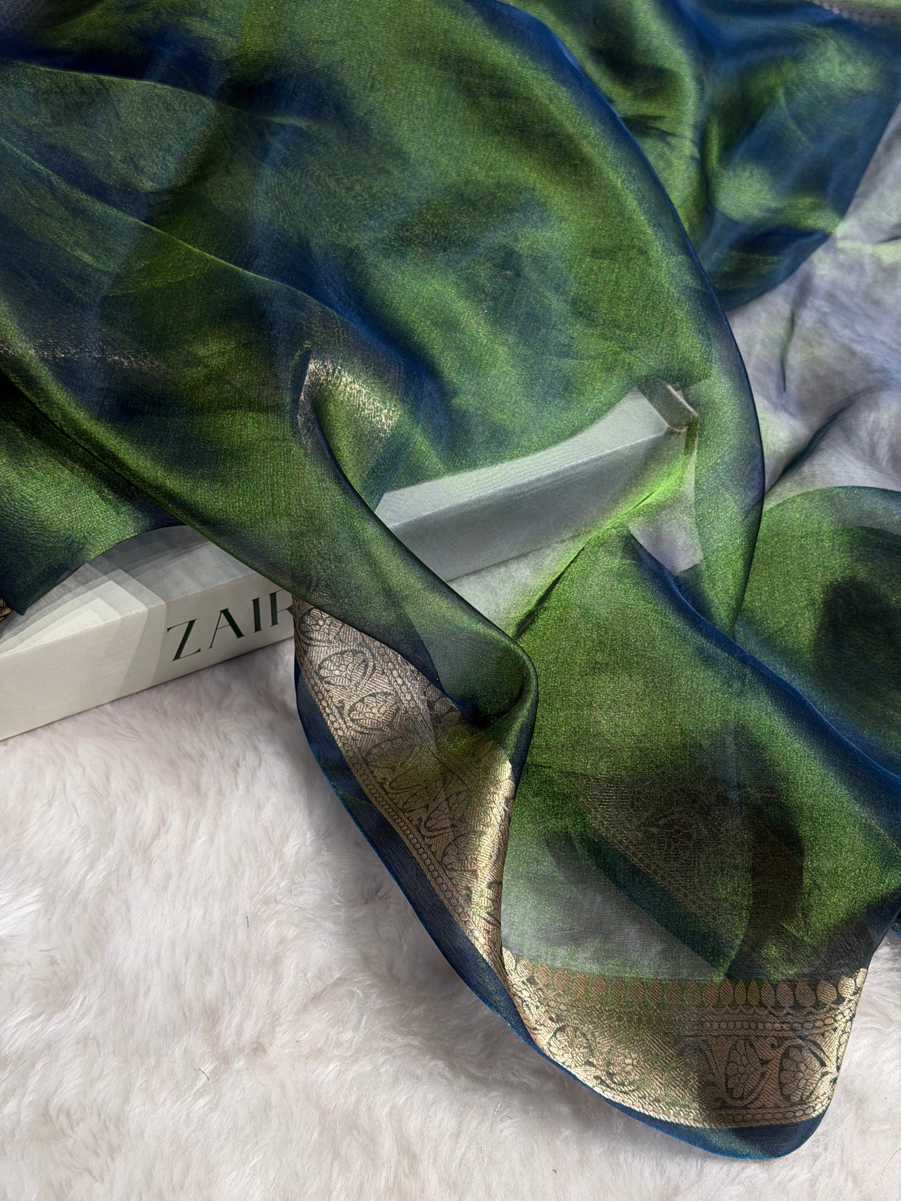 Banarasi Bottle Green Shades Pure Tissue Silk Saree with Brocade Blouse PT-09