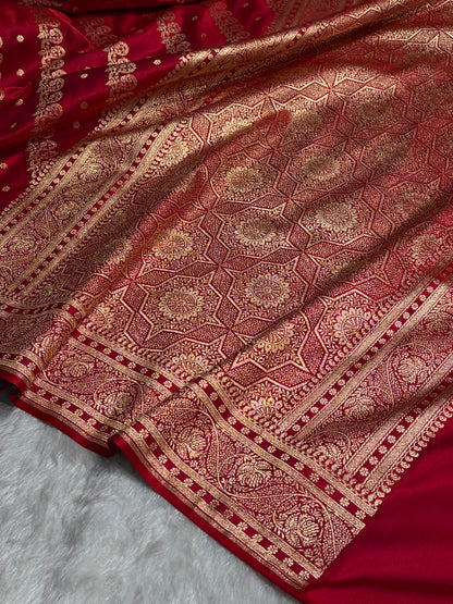 Magentic Red Shades Cross Floral Pattern Satin Katan Silk Saree SK79