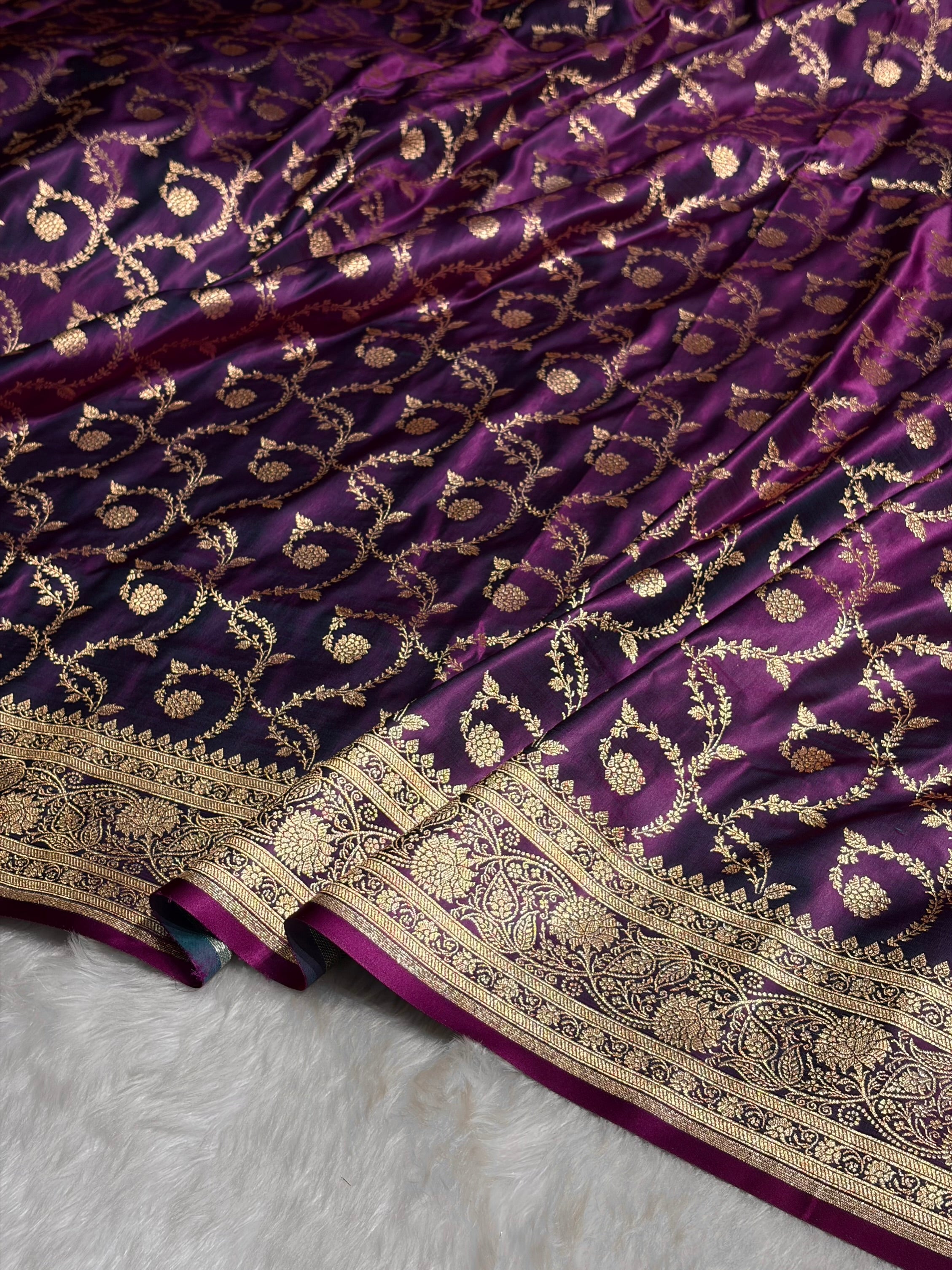 Wine Floral Jaal Pattern Satin Katan Silk saree SK55
