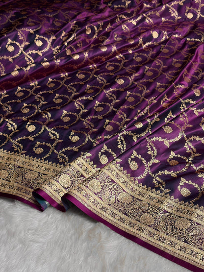 Wine Floral Jaal Pattern Satin Katan Silk saree SK55