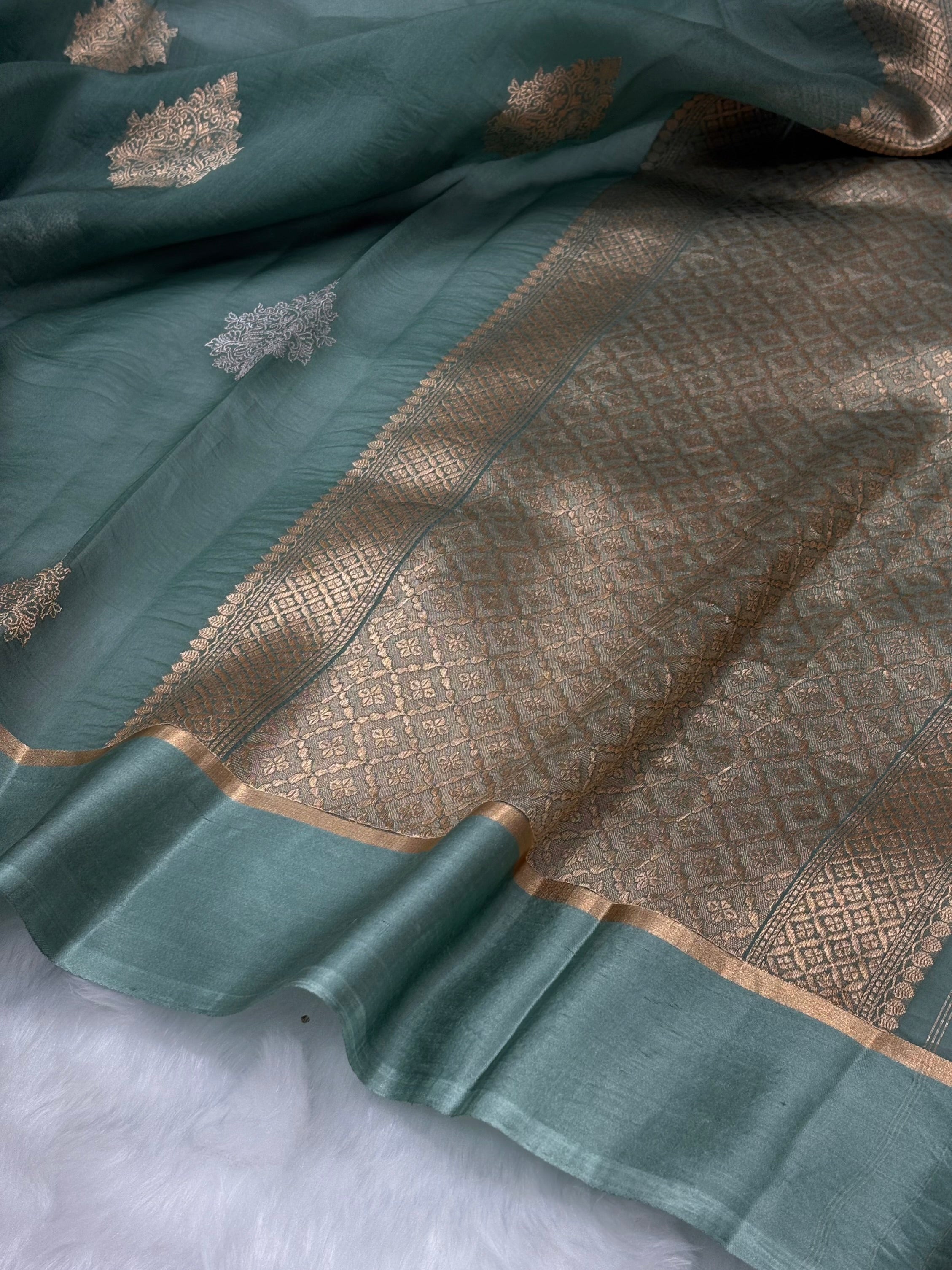 Pure Organza With Raw Mango Border Mouse Gray Shades Banarasi Silk Saree PO-03