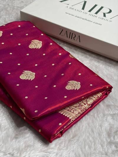 Banarasi Magentic Red Shades Booti Pattern Banarasi Satin Silk Saree SS59