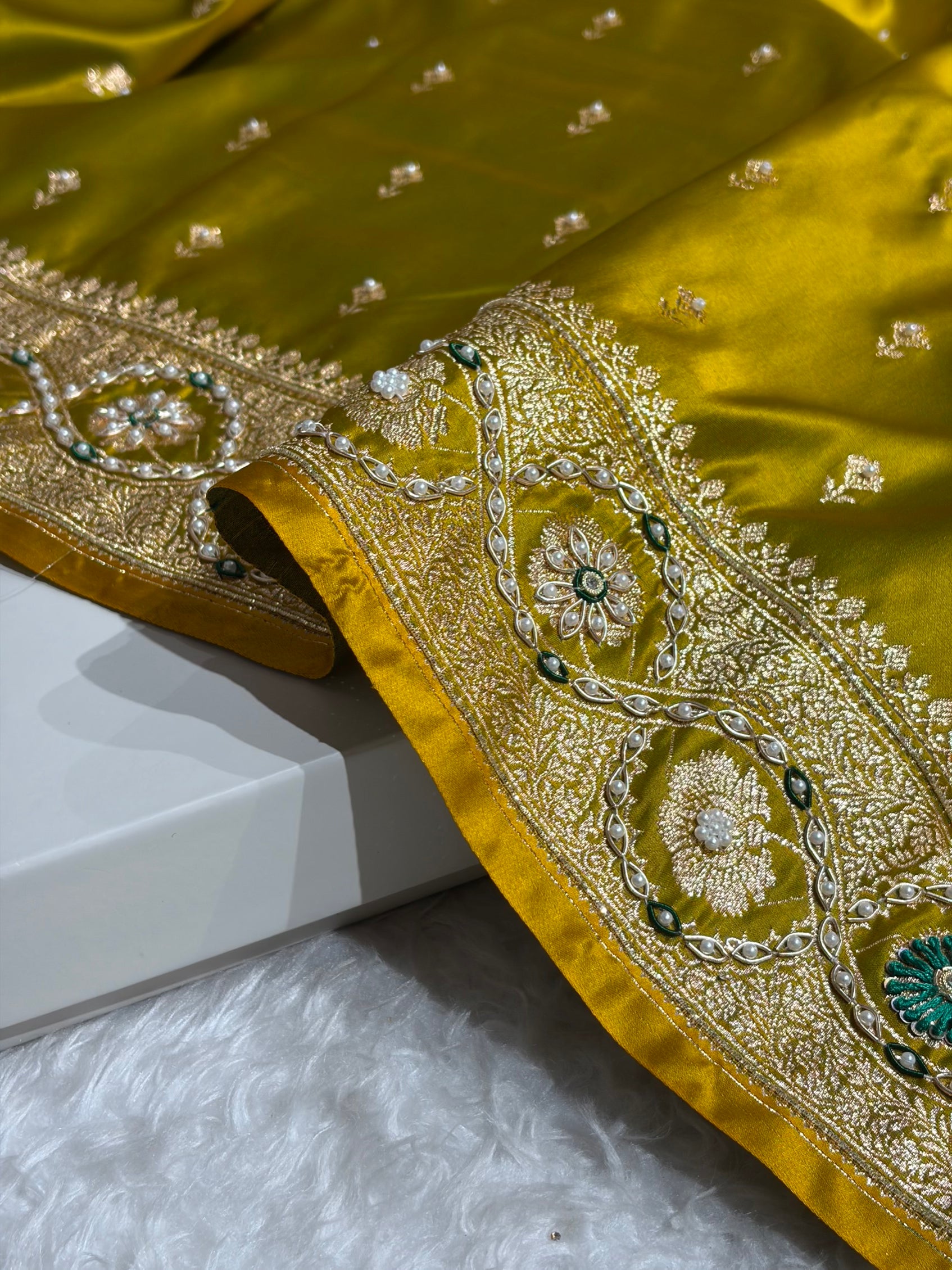 Mehandi Booti Pattern With Ari Stone Pearl Work Satin Katan Silk Saree BSK54