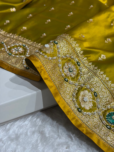 Mehandi Booti Pattern With Ari Stone Pearl Work Satin Katan Silk Saree BSK54